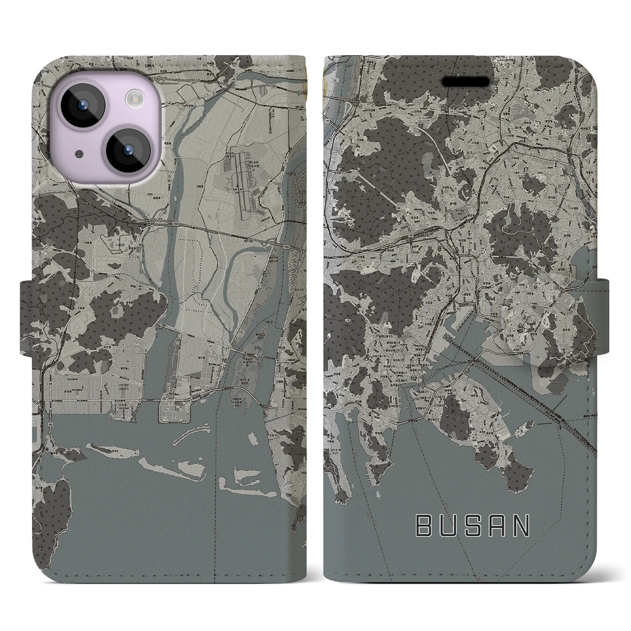 【釜山(韓国)】地図柄iPhoneケース(手帳タイプ)モノトーン・iPhone 14 用