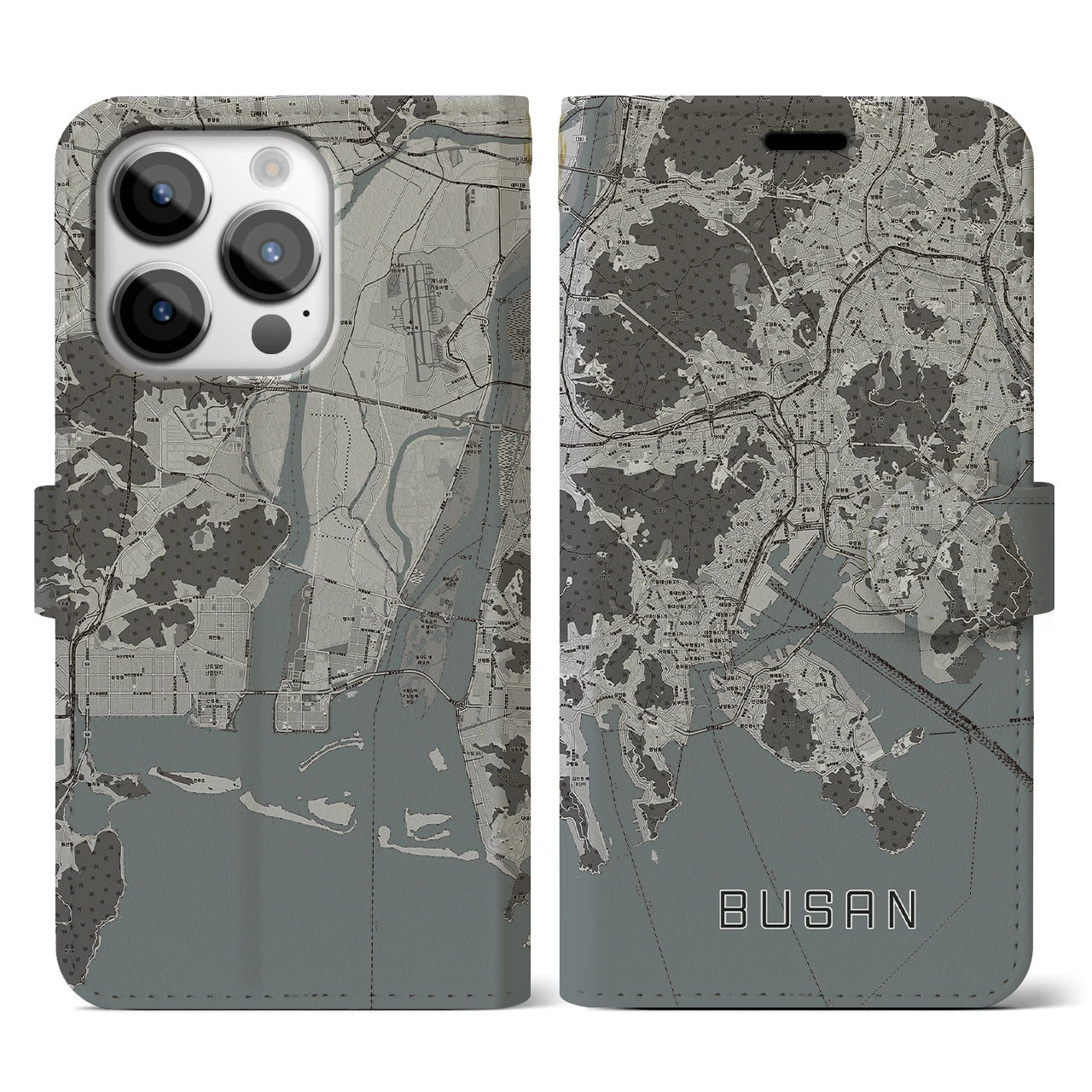 【釜山(韓国)】地図柄iPhoneケース(手帳タイプ)モノトーン・iPhone 14 Pro 用