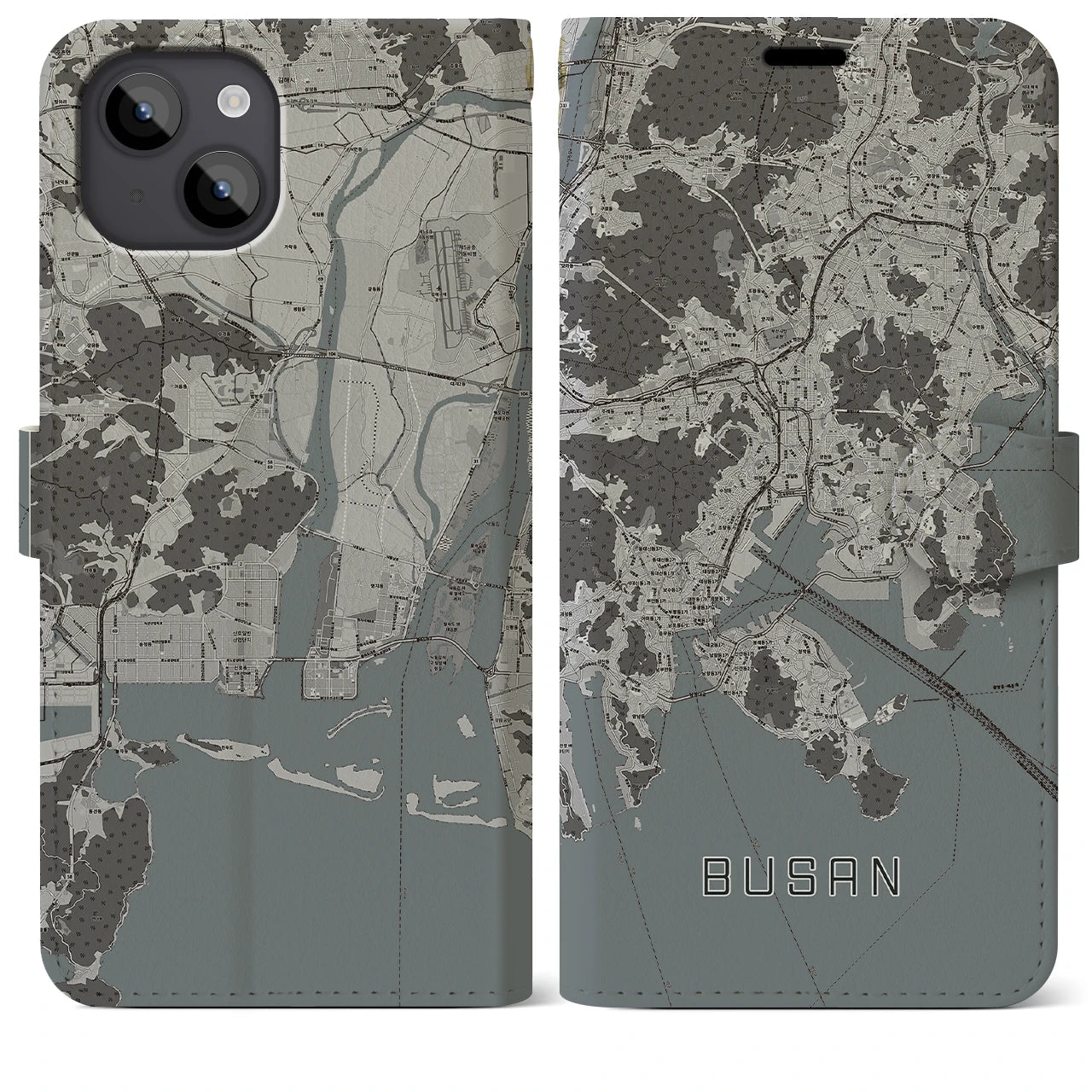 【釜山(韓国)】地図柄iPhoneケース(手帳タイプ)モノトーン・iPhone 14 Plus 用
