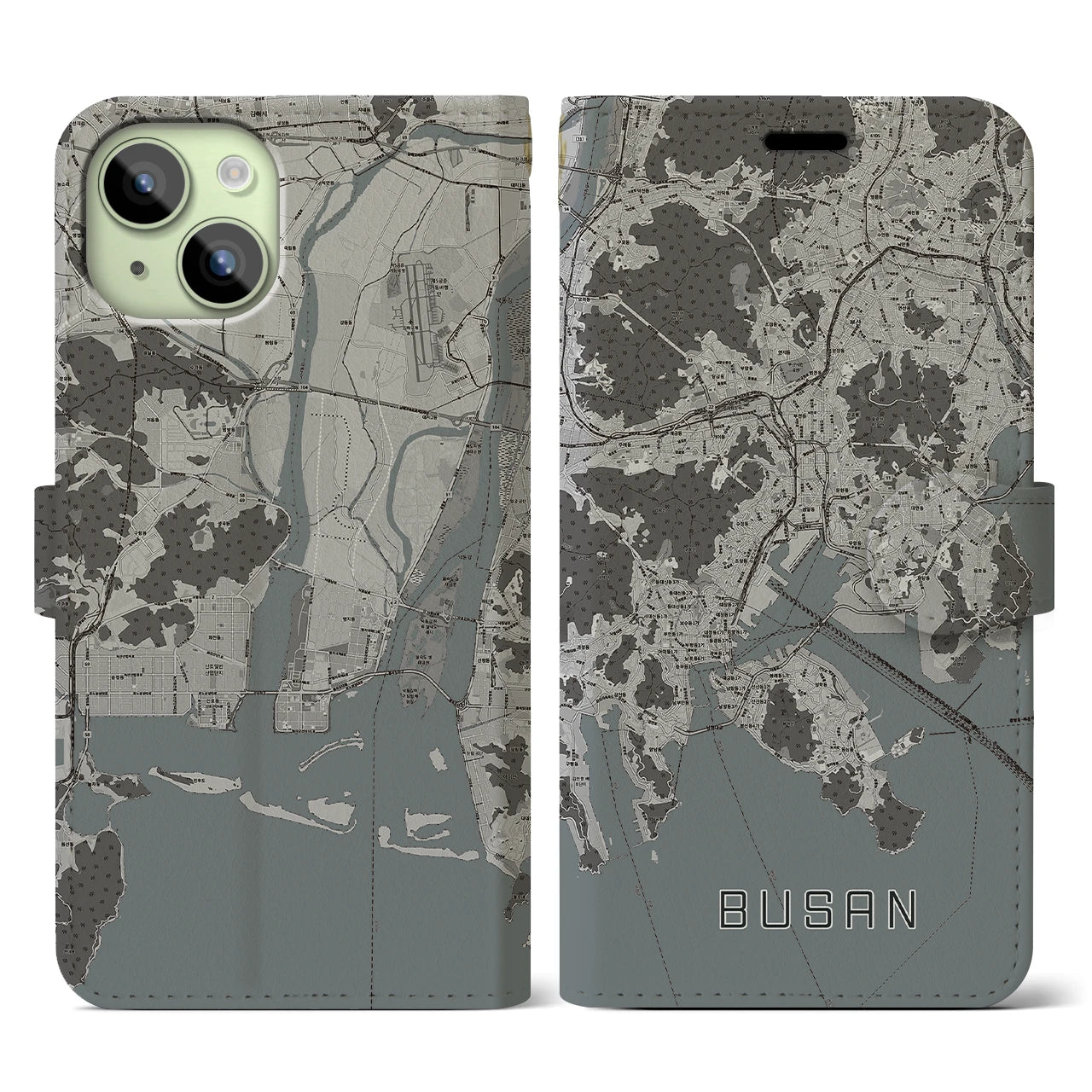 【釜山(韓国)】地図柄iPhoneケース(手帳タイプ)モノトーン・iPhone 15 用