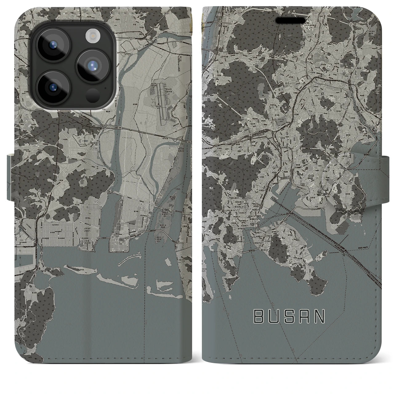【釜山(韓国)】地図柄iPhoneケース(手帳タイプ)モノトーン・iPhone 15 Pro Max 用