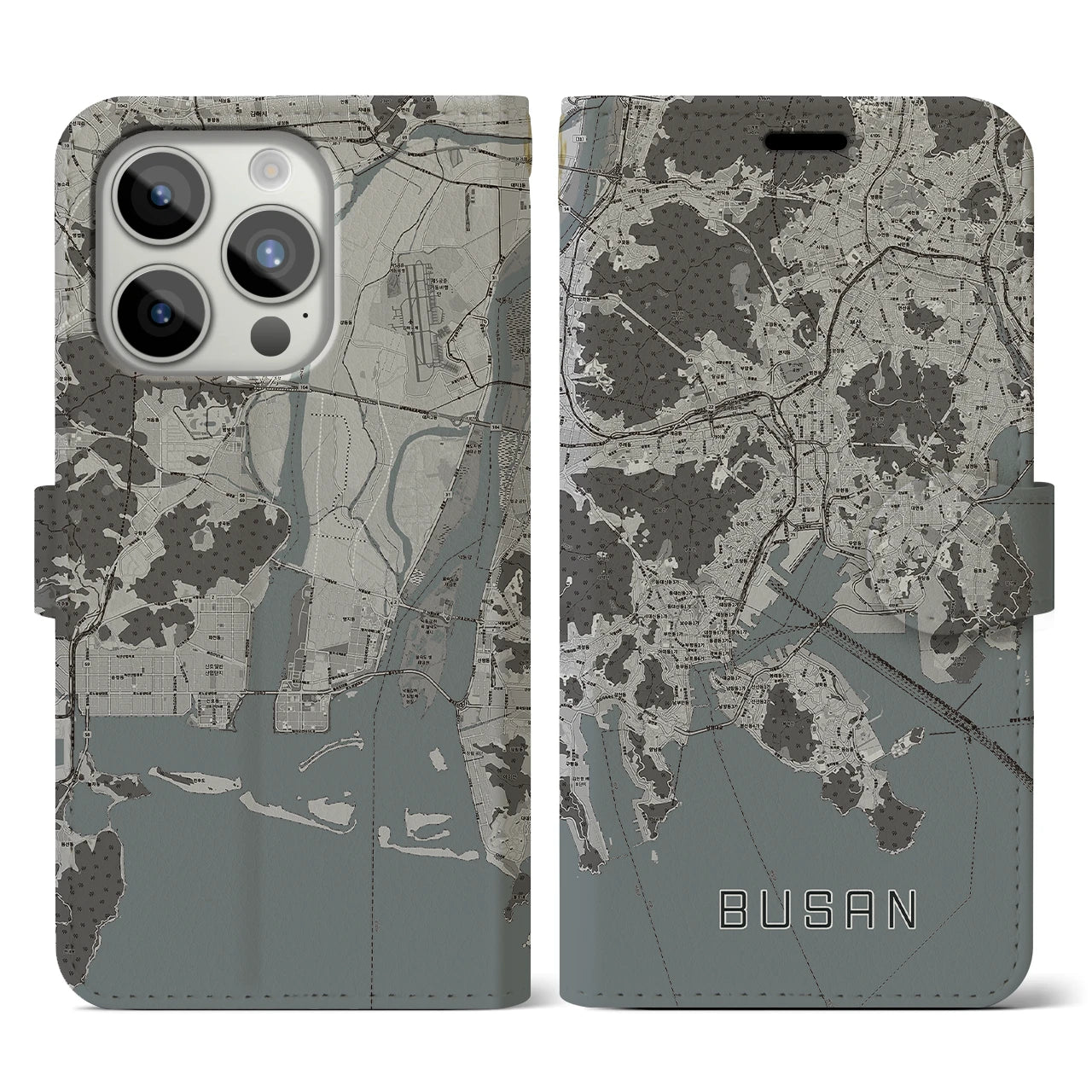 【釜山(韓国)】地図柄iPhoneケース(手帳タイプ)モノトーン・iPhone 15 Pro 用