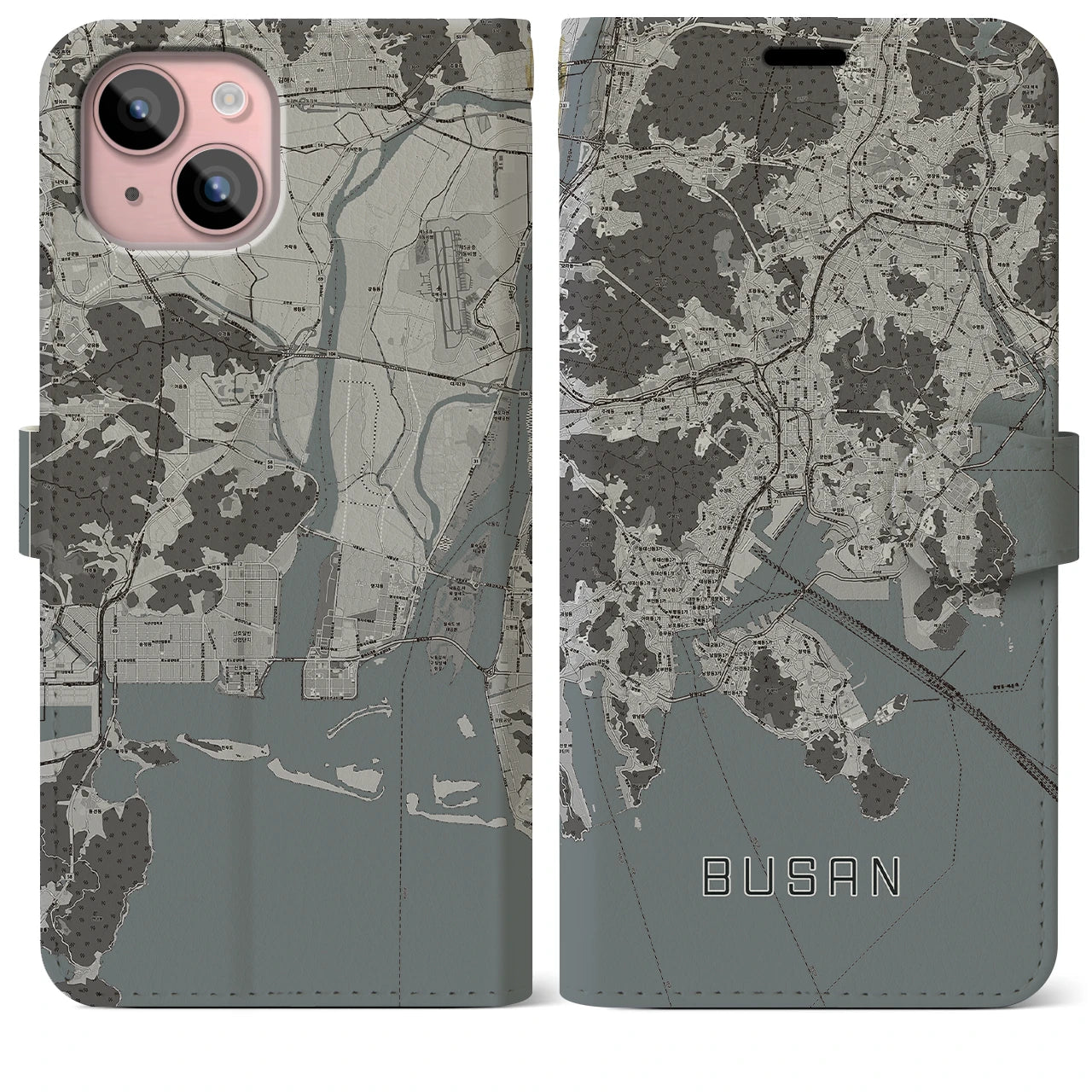 【釜山(韓国)】地図柄iPhoneケース(手帳タイプ)モノトーン・iPhone 15 Plus 用
