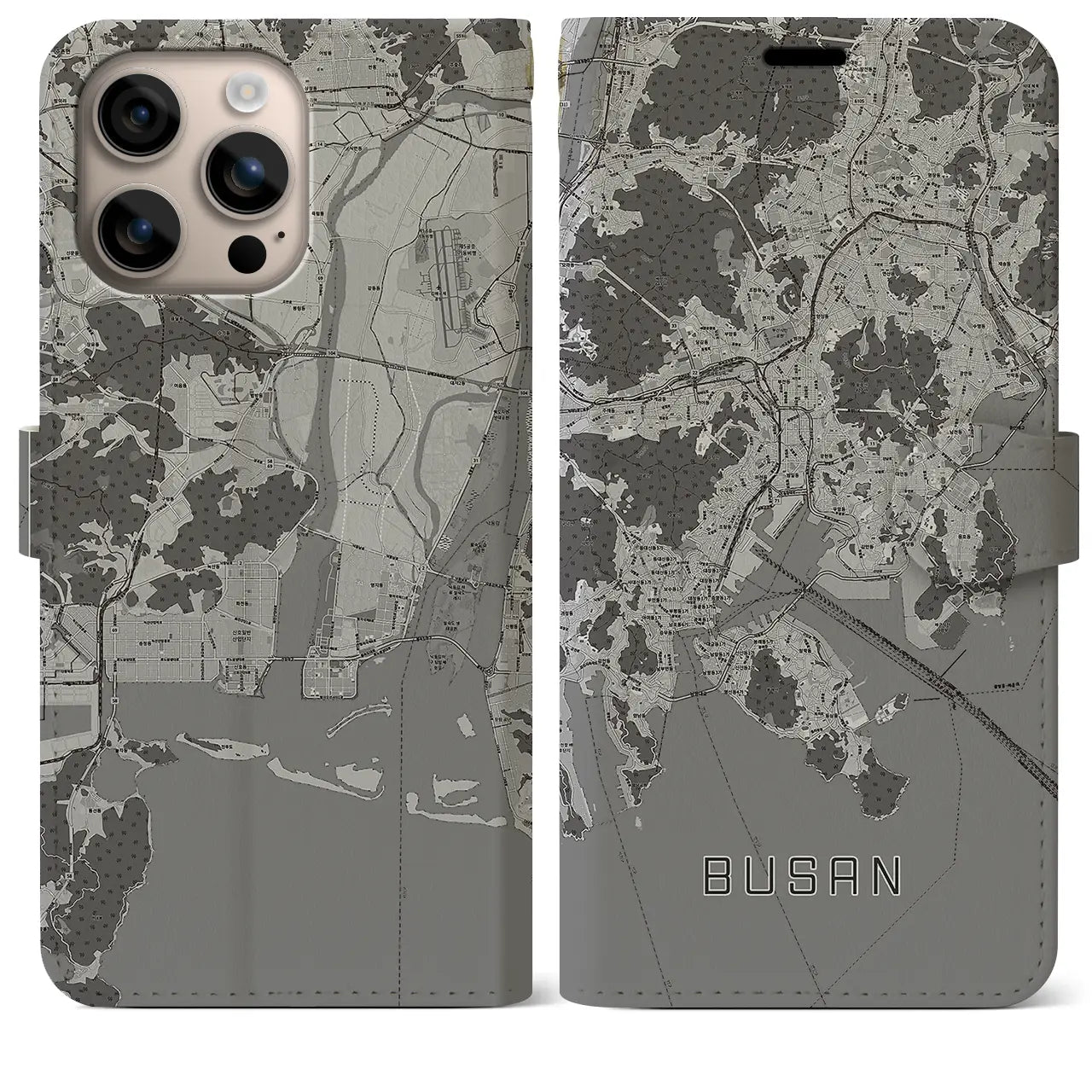 【釜山(韓国)】地図柄iPhoneケース(手帳タイプ)モノトーン・iPhone 16 Plus 用
