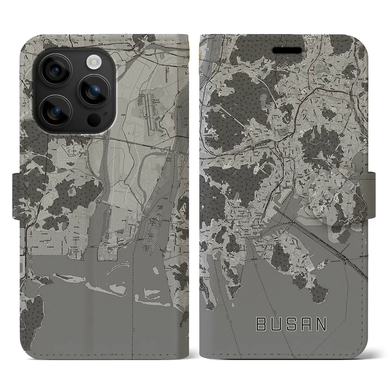 【釜山(韓国)】地図柄iPhoneケース(手帳タイプ)モノトーン・iPhone 16 用