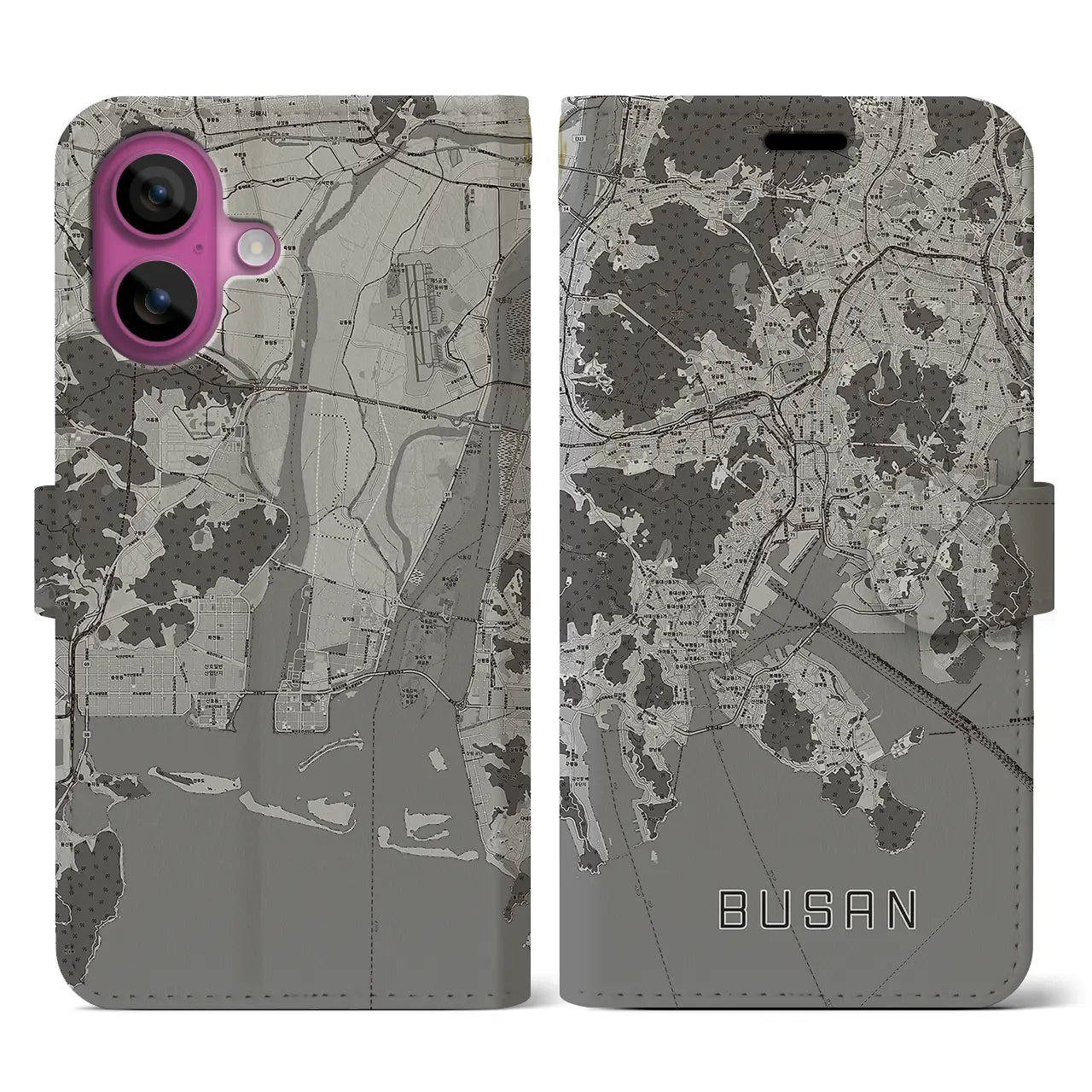 【釜山(韓国)】地図柄iPhoneケース(手帳タイプ)モノトーン・iPhone 16 Pro 用