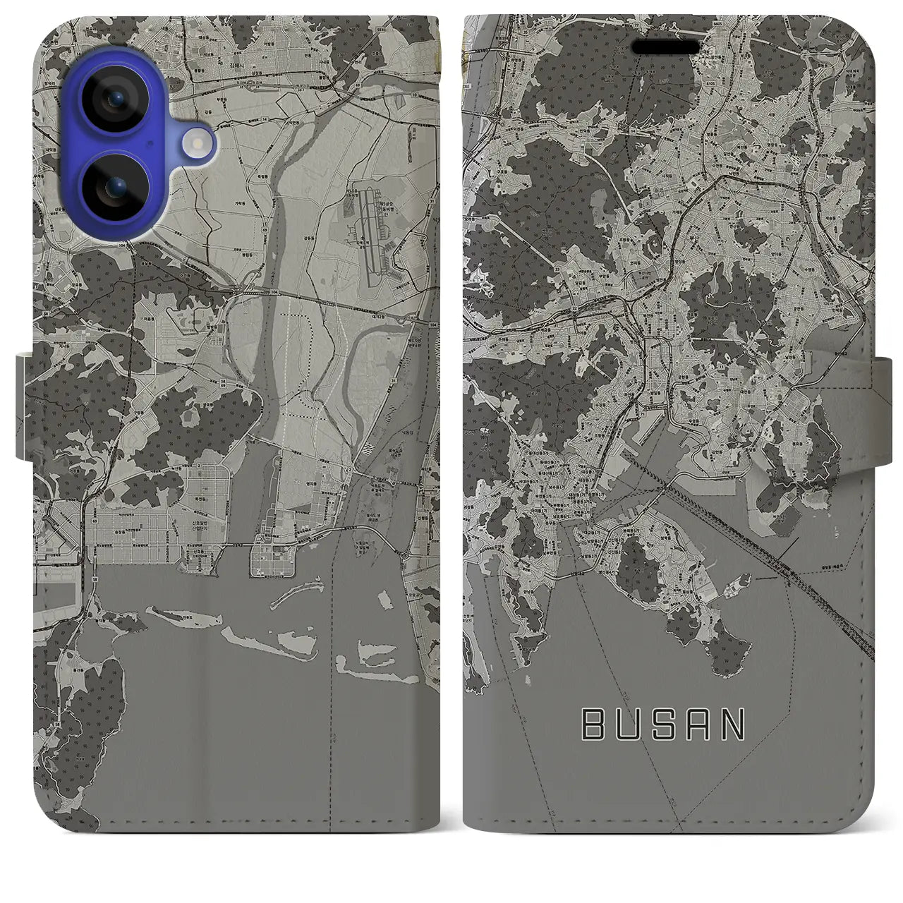 【釜山(韓国)】地図柄iPhoneケース(手帳タイプ)モノトーン・iPhone 16 Pro Max 用