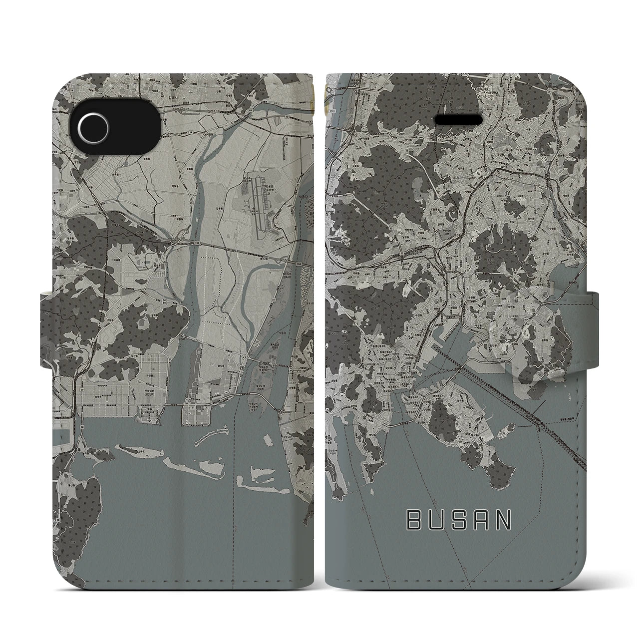 【釜山(韓国)】地図柄iPhoneケース(手帳タイプ)モノトーン・iPhone SE(第3 / 第2世代) / 8 / 7 / 6s / 6 用
