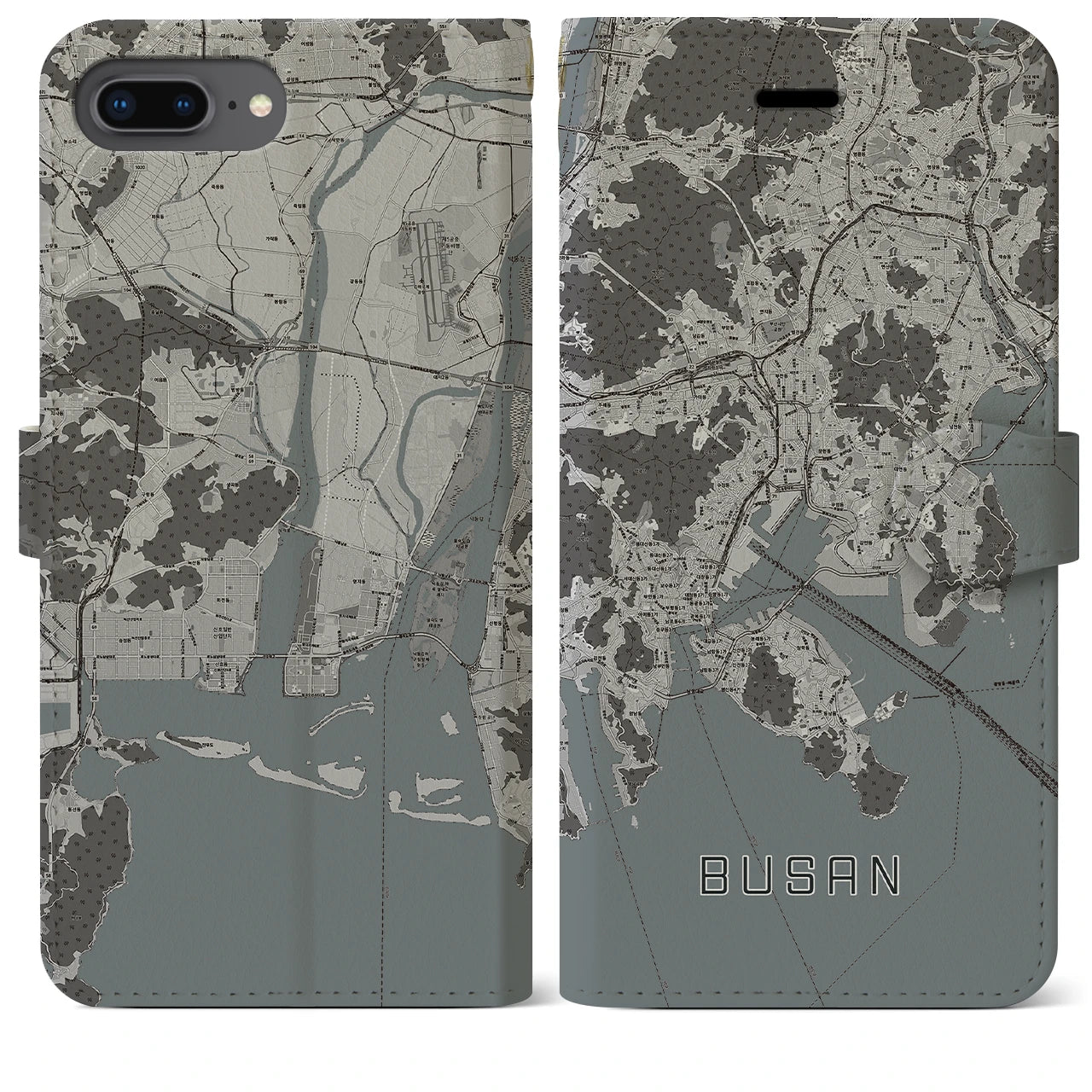【釜山(韓国)】地図柄iPhoneケース(手帳タイプ)モノトーン・iPhone 8Plus /7Plus / 6sPlus / 6Plus 用