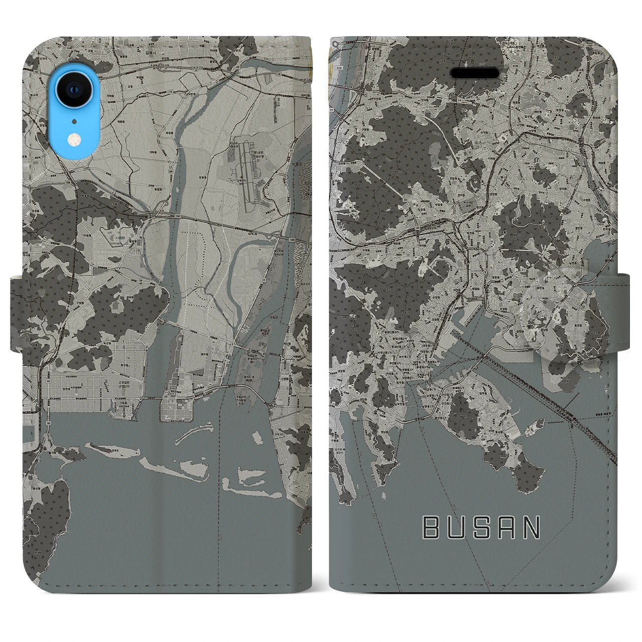 【釜山(韓国)】地図柄iPhoneケース(手帳タイプ)モノトーン・iPhone XR 用