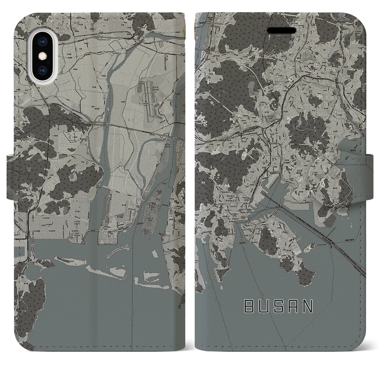 【釜山(韓国)】地図柄iPhoneケース(手帳タイプ)モノトーン・iPhone XS Max 用