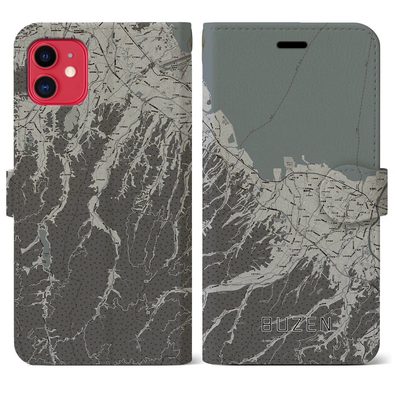 【豊前(福岡県)】地図柄iPhoneケース(手帳タイプ)モノトーン・iPhone 11 用