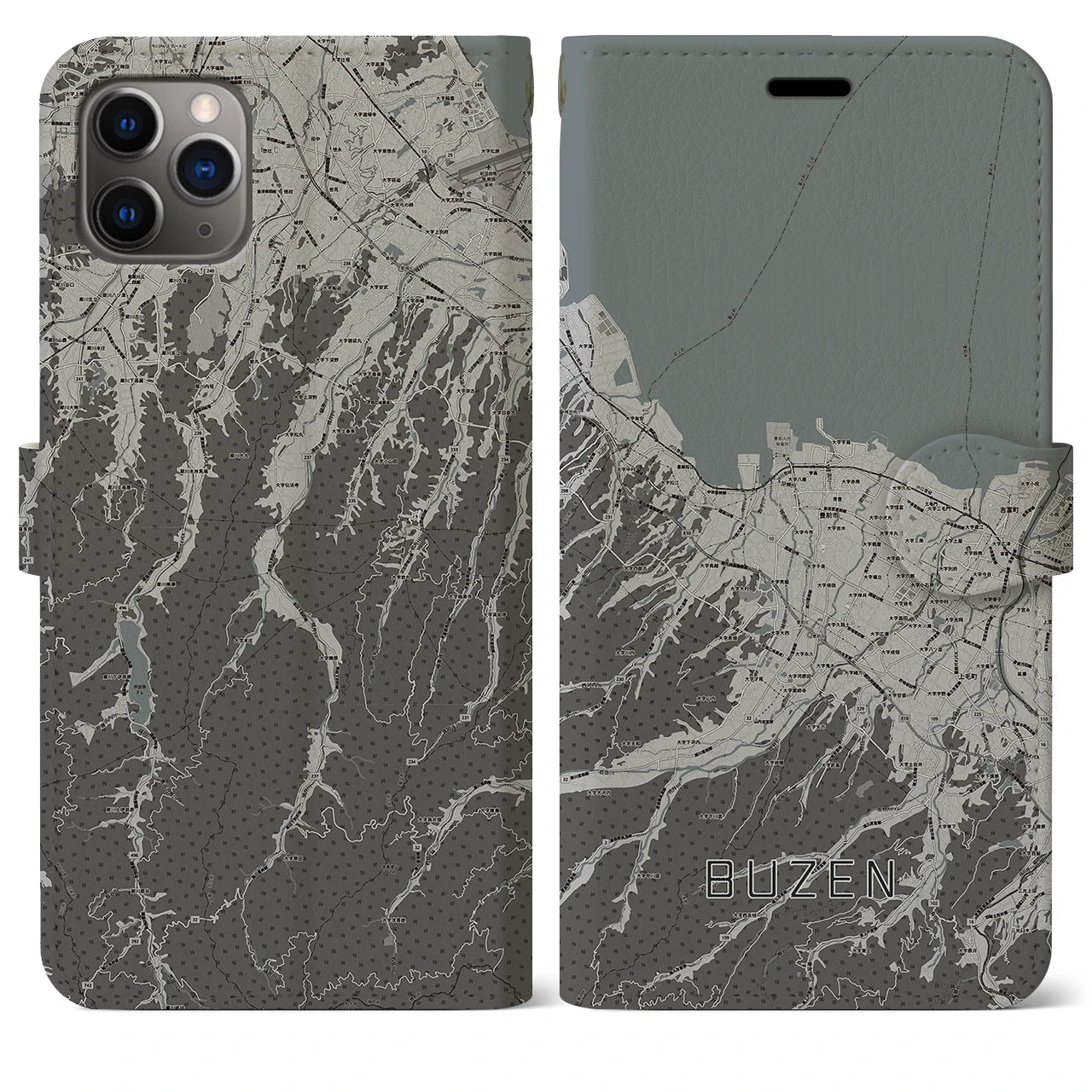 【豊前(福岡県)】地図柄iPhoneケース(手帳タイプ)モノトーン・iPhone 11 Pro Max 用
