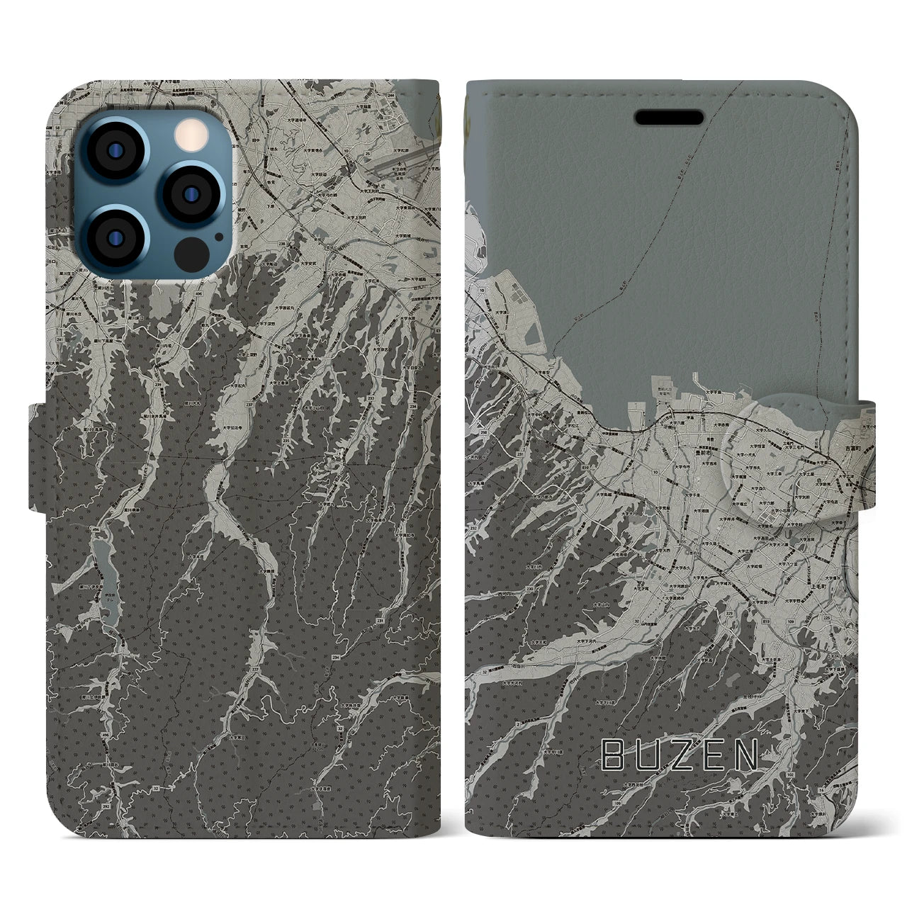 【豊前(福岡県)】地図柄iPhoneケース(手帳タイプ)モノトーン・iPhone 12 / 12 Pro 用