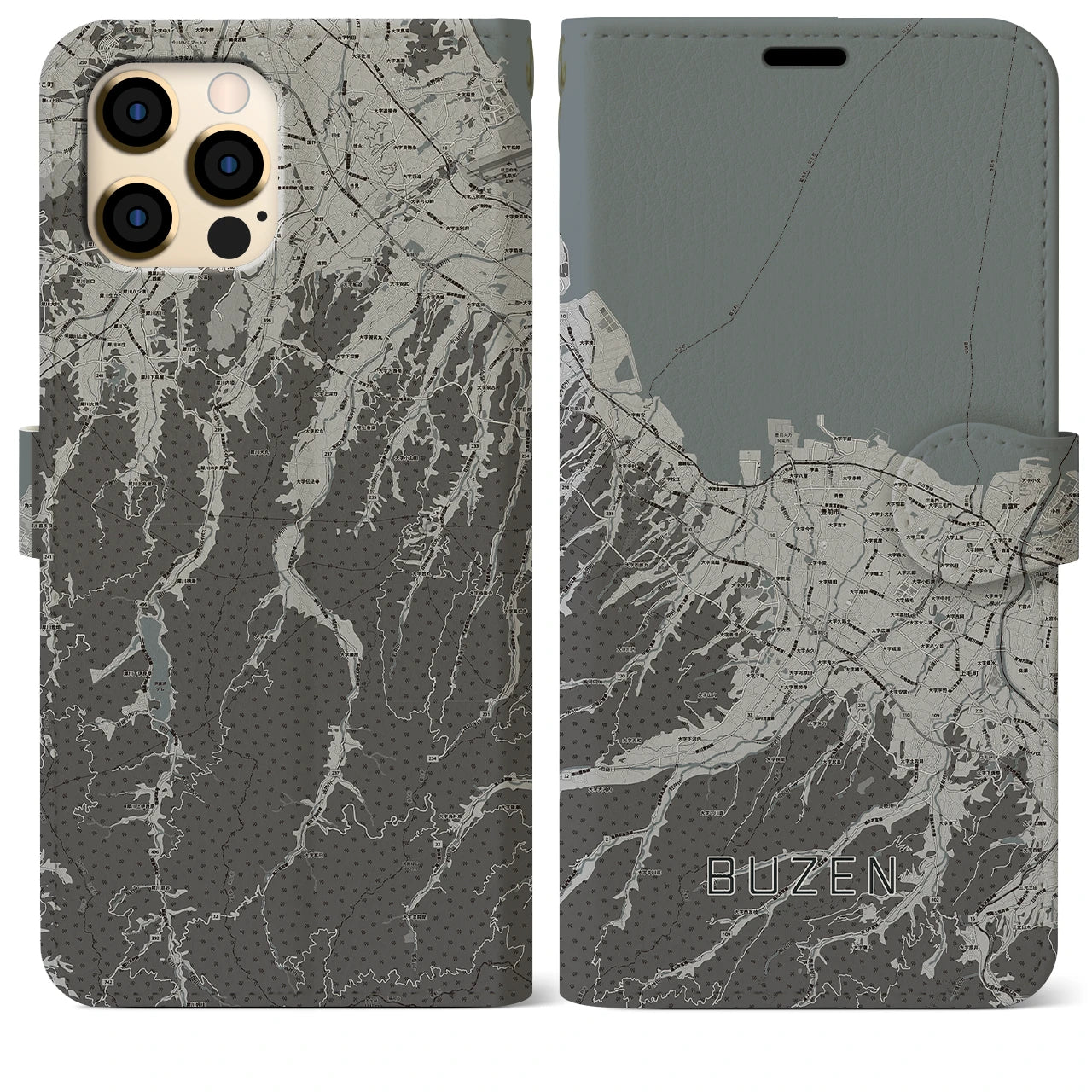 【豊前(福岡県)】地図柄iPhoneケース(手帳タイプ)モノトーン・iPhone 12 Pro Max 用