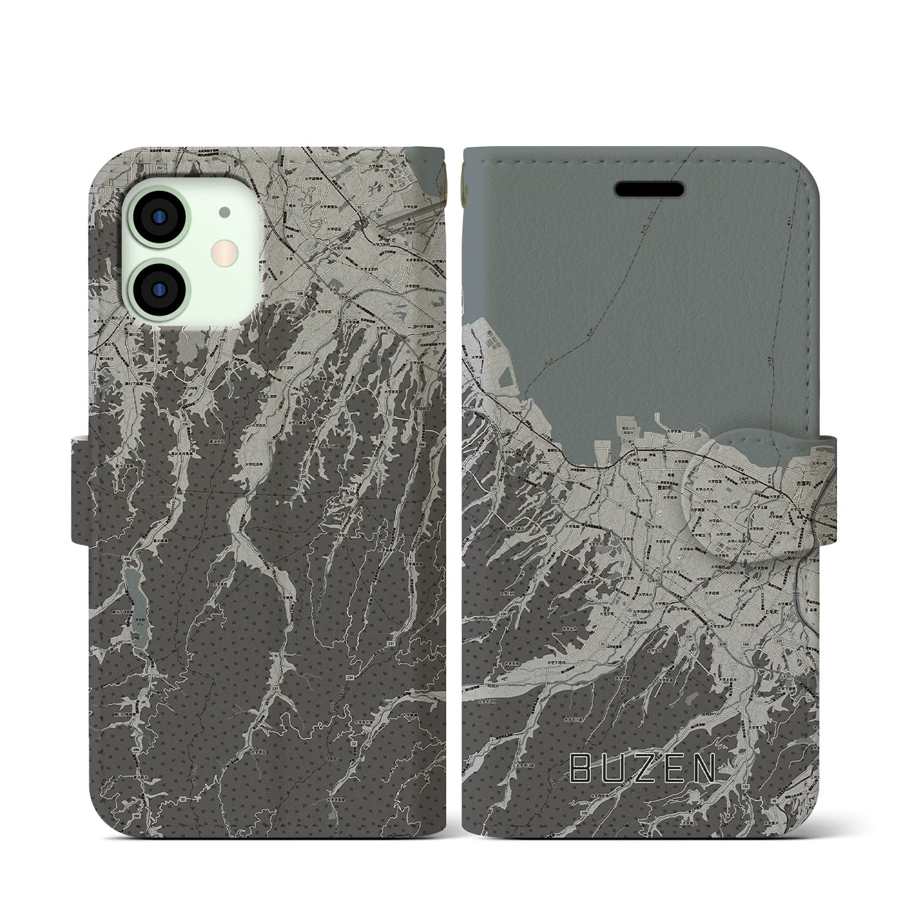 【豊前(福岡県)】地図柄iPhoneケース(手帳タイプ)モノトーン・iPhone 12 mini 用
