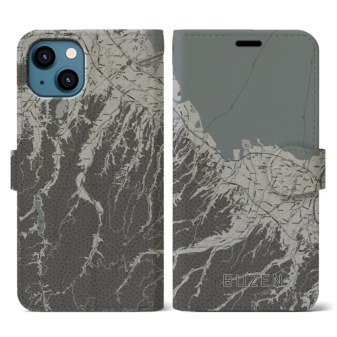 【豊前(福岡県)】地図柄iPhoneケース(手帳タイプ)モノトーン・iPhone 13 用