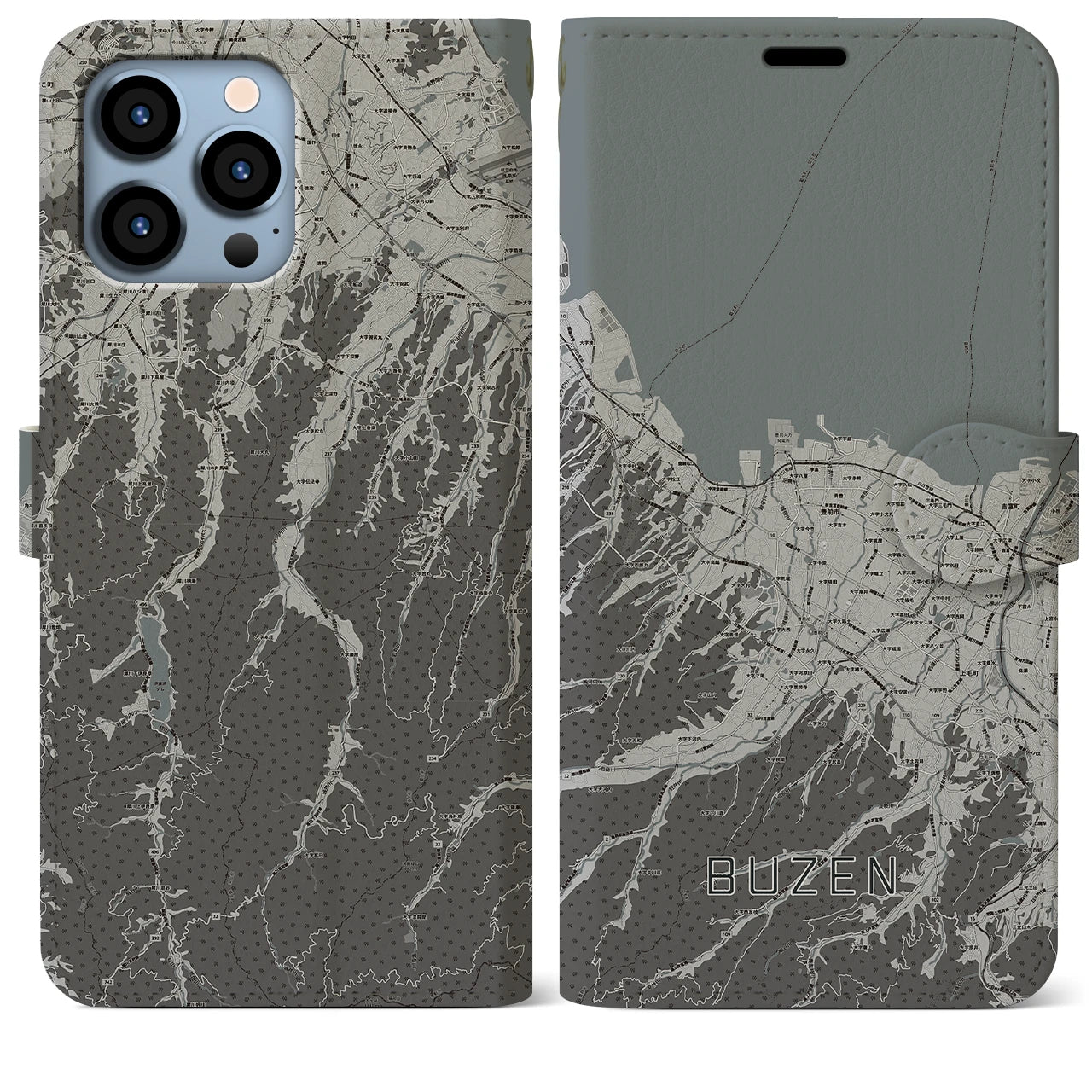 【豊前(福岡県)】地図柄iPhoneケース(手帳タイプ)モノトーン・iPhone 13 Pro Max 用