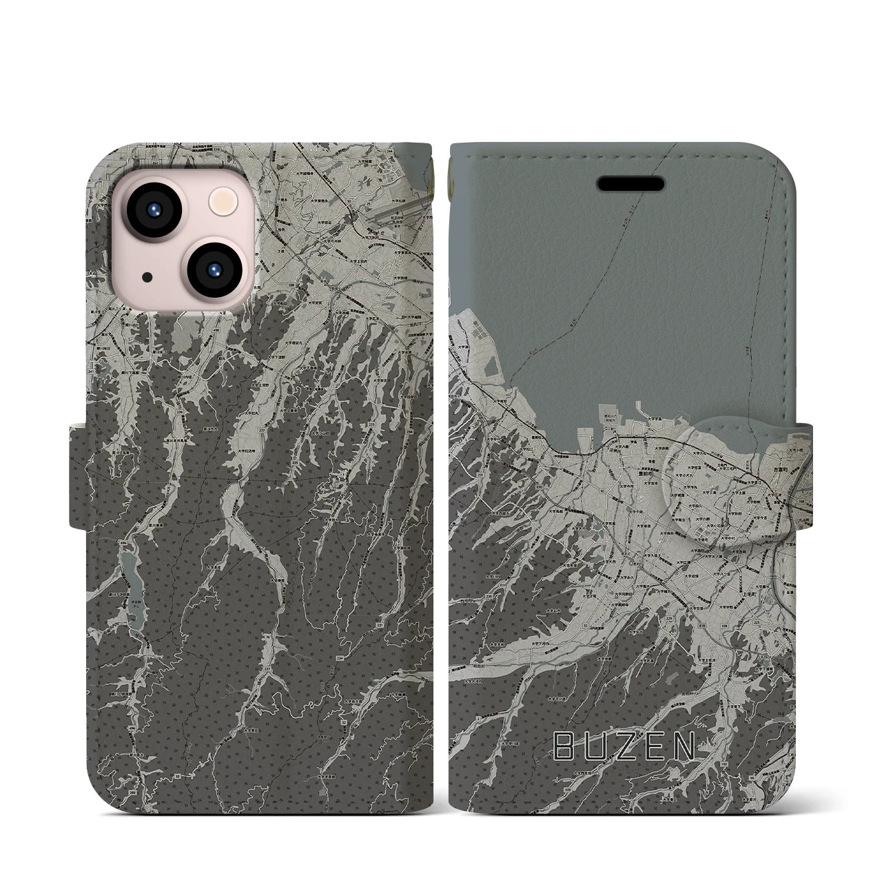 【豊前(福岡県)】地図柄iPhoneケース(手帳タイプ)モノトーン・iPhone 13 mini 用