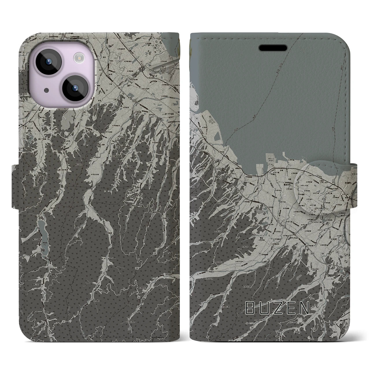 【豊前(福岡県)】地図柄iPhoneケース(手帳タイプ)モノトーン・iPhone 14 用