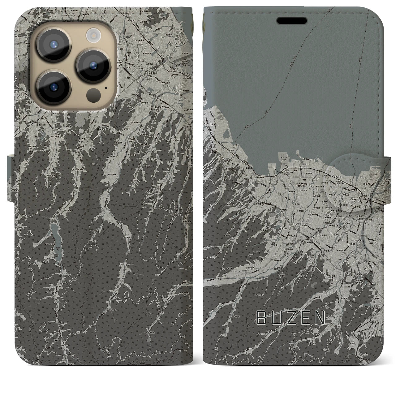 【豊前(福岡県)】地図柄iPhoneケース(手帳タイプ)モノトーン・iPhone 14 Pro Max 用