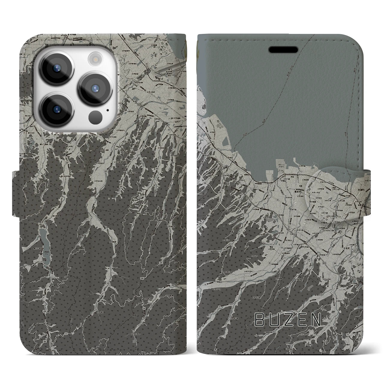 【豊前(福岡県)】地図柄iPhoneケース(手帳タイプ)モノトーン・iPhone 14 Pro 用