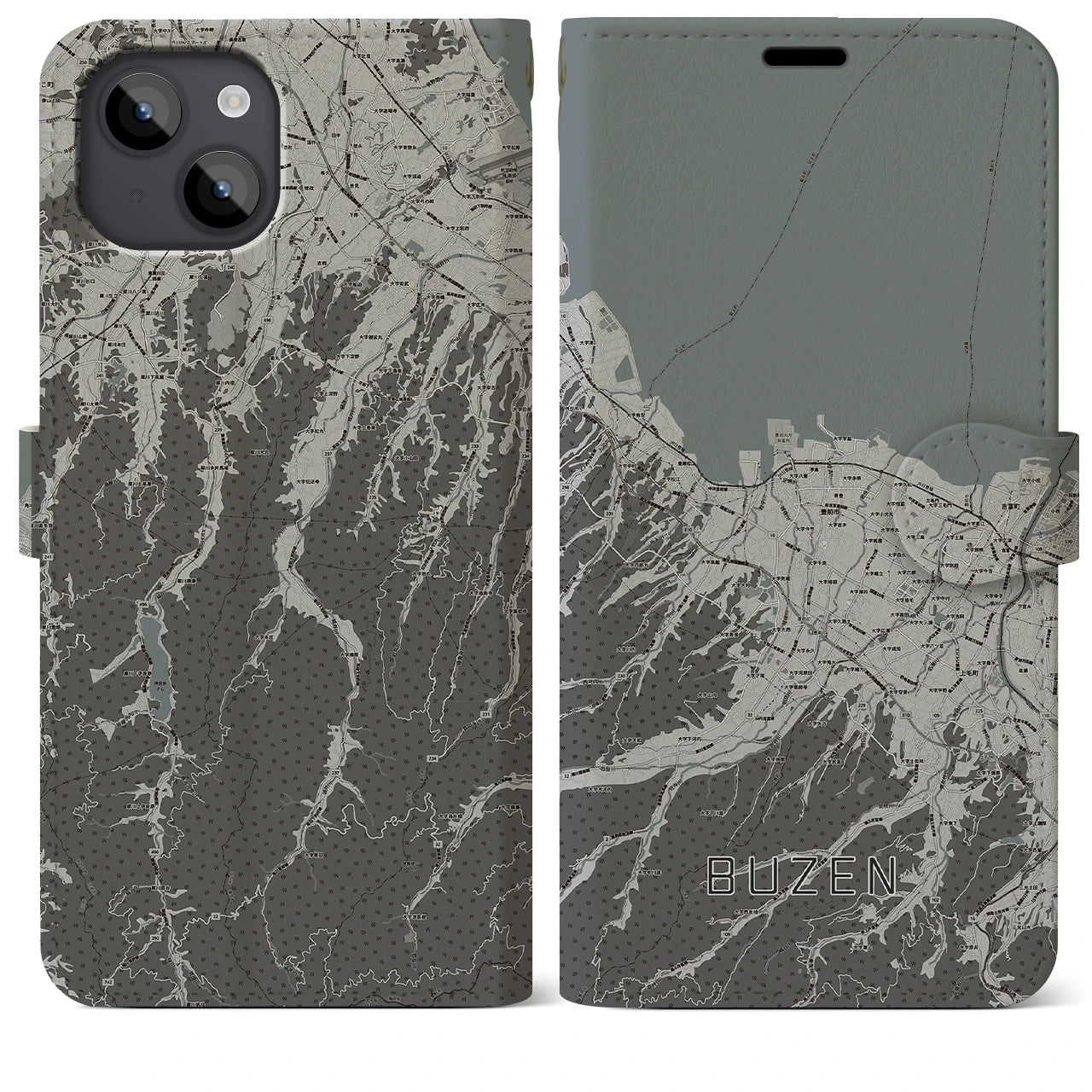 【豊前(福岡県)】地図柄iPhoneケース(手帳タイプ)モノトーン・iPhone 14 Plus 用