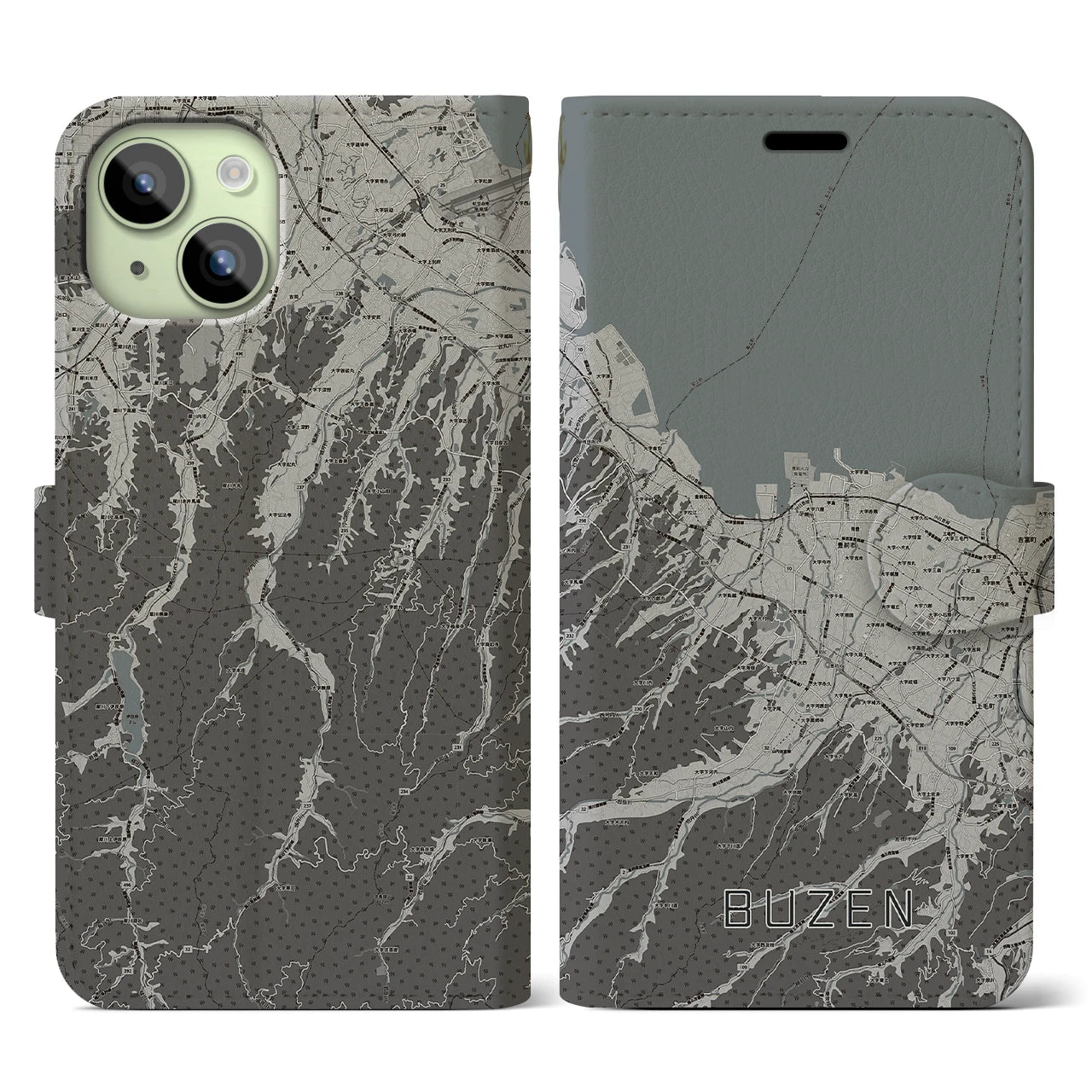 【豊前(福岡県)】地図柄iPhoneケース(手帳タイプ)モノトーン・iPhone 15 用