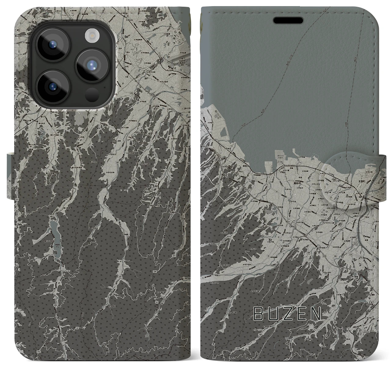 【豊前(福岡県)】地図柄iPhoneケース(手帳タイプ)モノトーン・iPhone 15 Pro Max 用