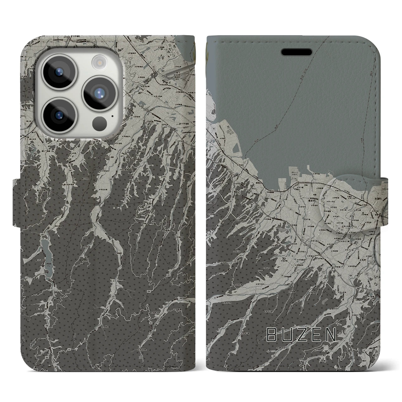 【豊前(福岡県)】地図柄iPhoneケース(手帳タイプ)モノトーン・iPhone 15 Pro 用