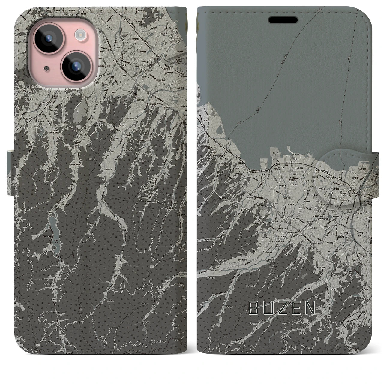 【豊前(福岡県)】地図柄iPhoneケース(手帳タイプ)モノトーン・iPhone 15 Plus 用