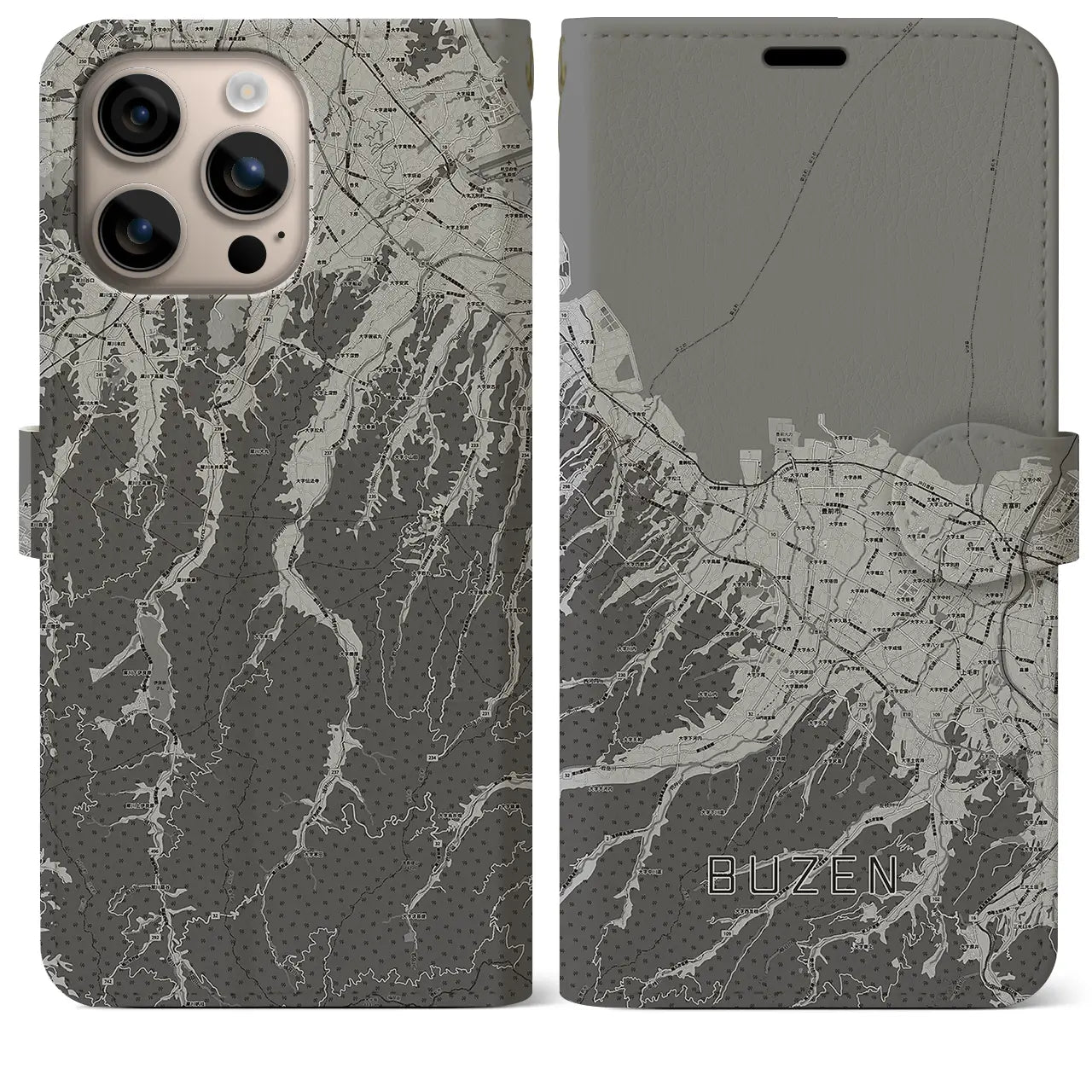 【豊前(福岡県)】地図柄iPhoneケース(手帳タイプ)モノトーン・iPhone 16 Plus 用