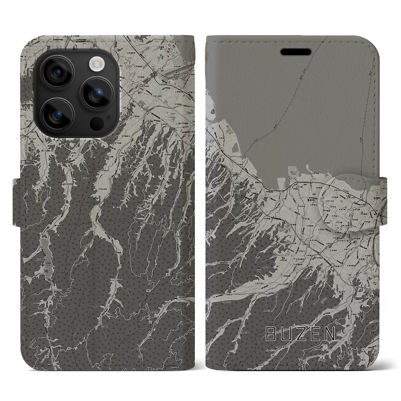 【豊前(福岡県)】地図柄iPhoneケース(手帳タイプ)モノトーン・iPhone 16 用
