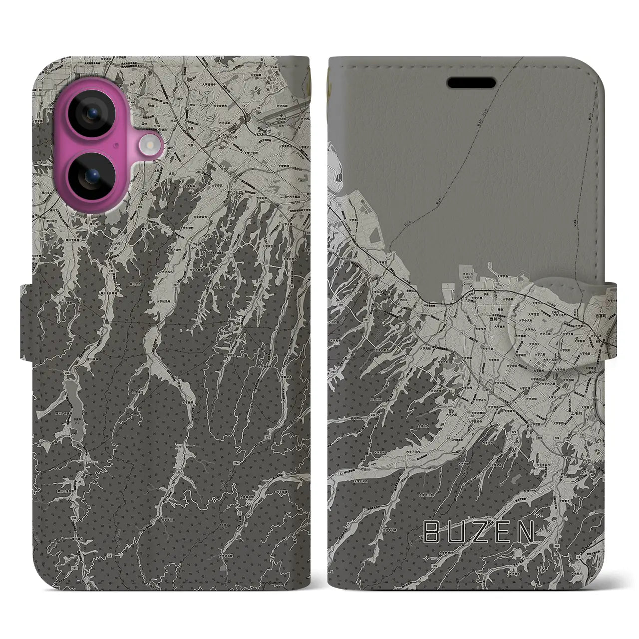 【豊前(福岡県)】地図柄iPhoneケース(手帳タイプ)モノトーン・iPhone 16 Pro 用