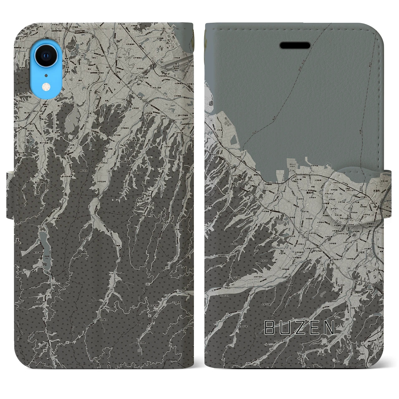 【豊前(福岡県)】地図柄iPhoneケース(手帳タイプ)モノトーン・iPhone XR 用