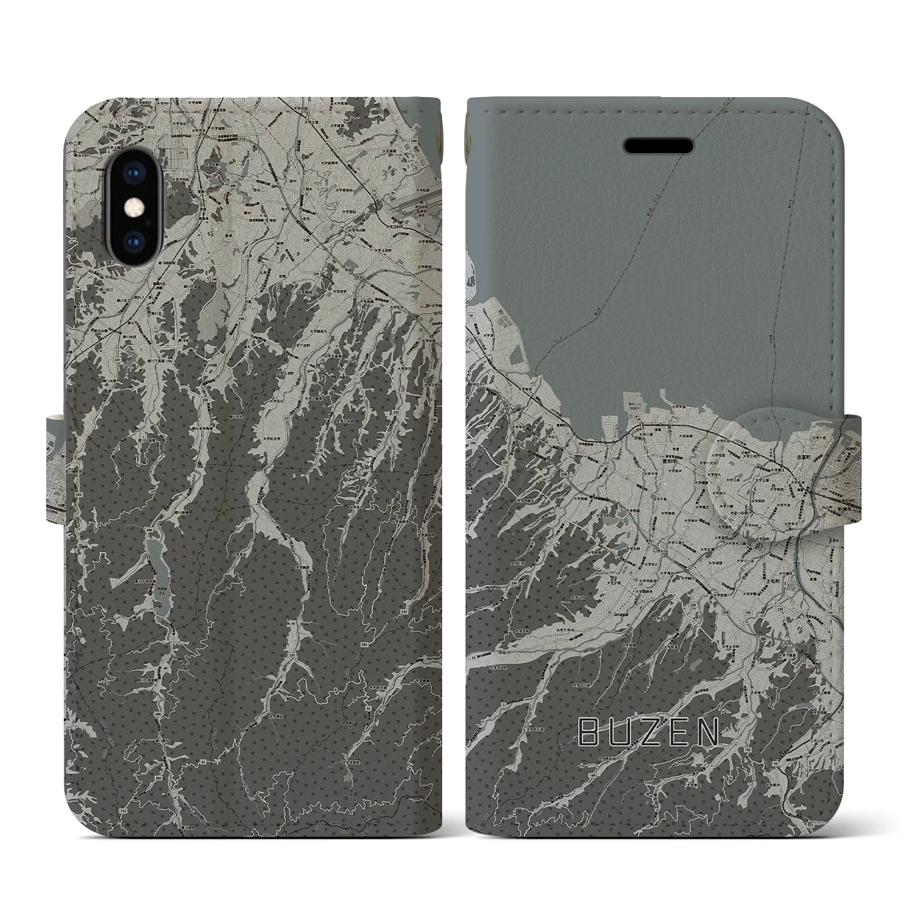 【豊前(福岡県)】地図柄iPhoneケース(手帳タイプ)モノトーン・iPhone XS / X 用