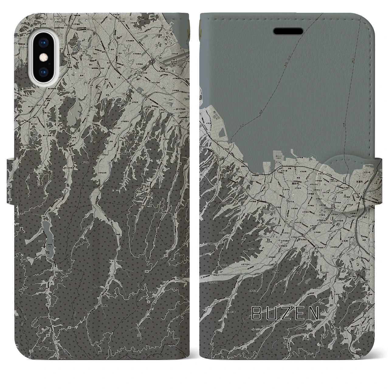 【豊前(福岡県)】地図柄iPhoneケース(手帳タイプ)モノトーン・iPhone XS Max 用