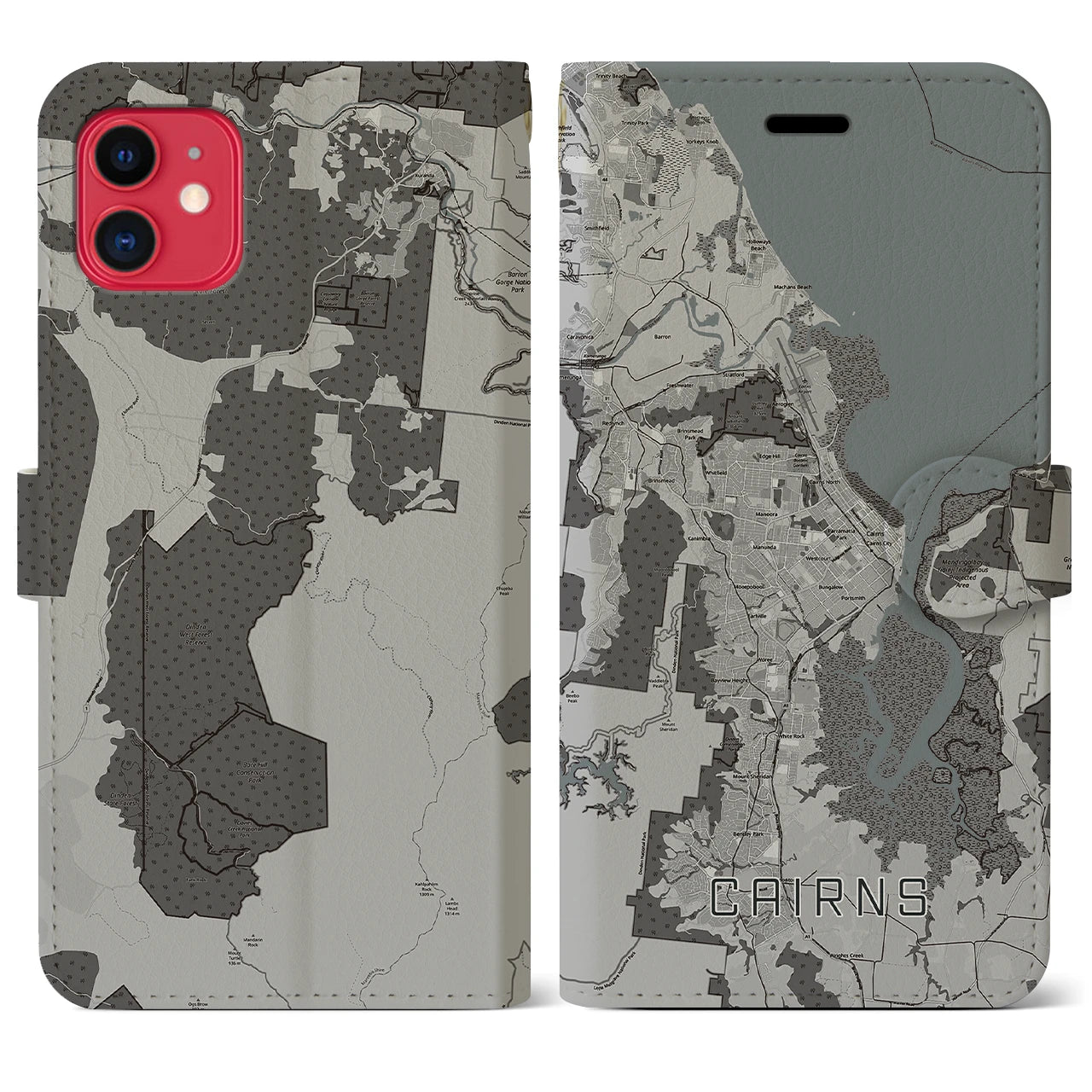 【ケアンズ(オーストラリア)】地図柄iPhoneケース(手帳タイプ)モノトーン・iPhone 11 用