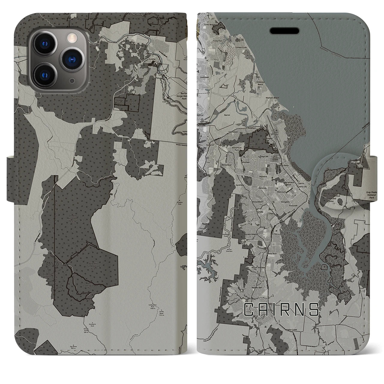 【ケアンズ(オーストラリア)】地図柄iPhoneケース(手帳タイプ)モノトーン・iPhone 11 Pro Max 用