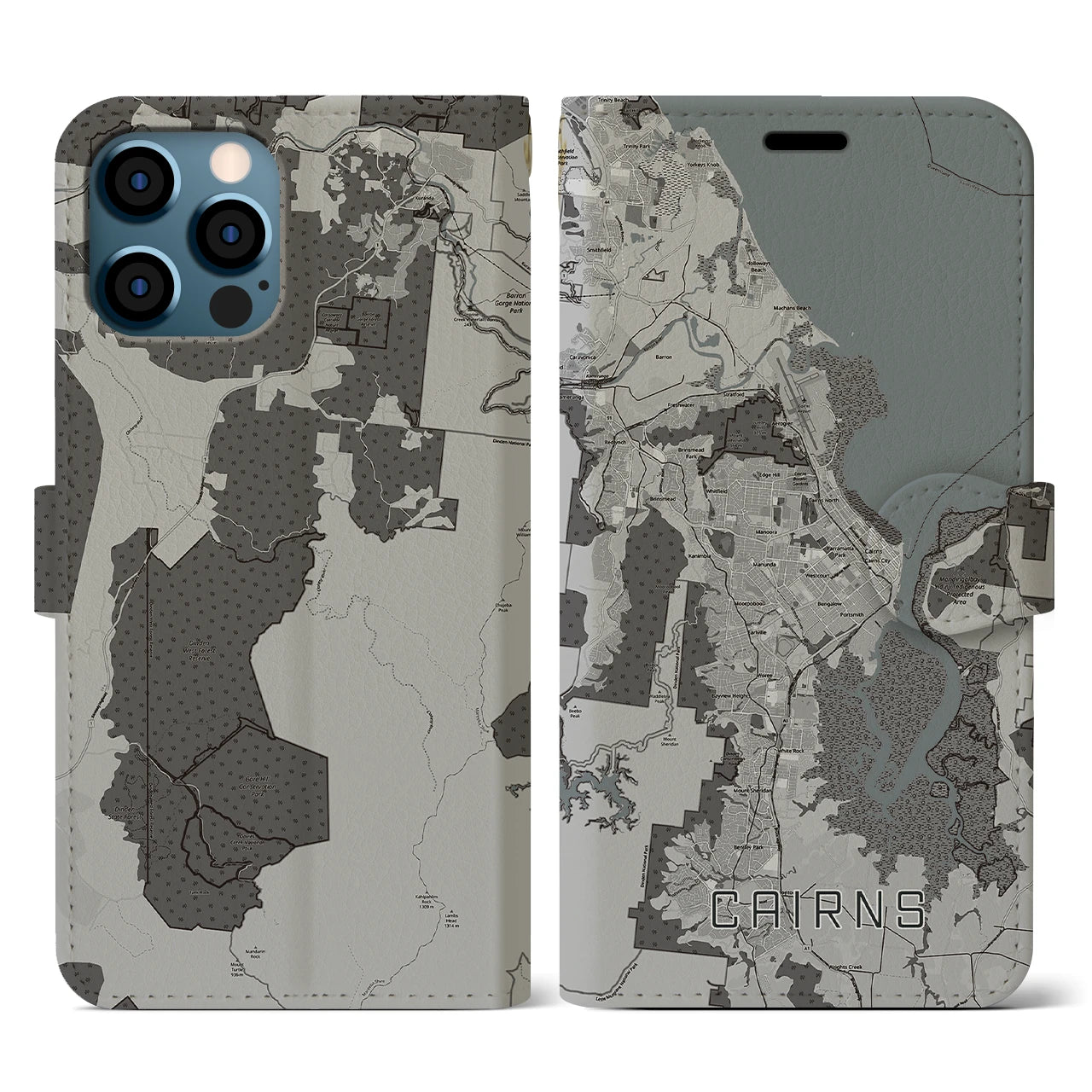 【ケアンズ(オーストラリア)】地図柄iPhoneケース(手帳タイプ)モノトーン・iPhone 12 / 12 Pro 用