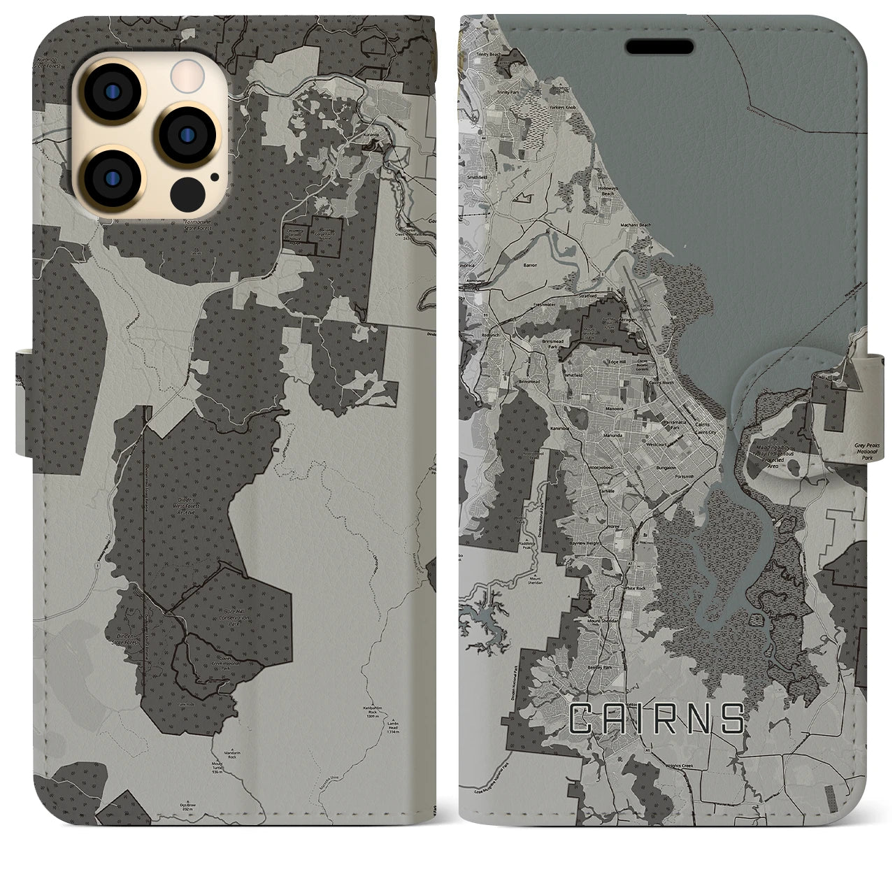 【ケアンズ(オーストラリア)】地図柄iPhoneケース(手帳タイプ)モノトーン・iPhone 12 Pro Max 用