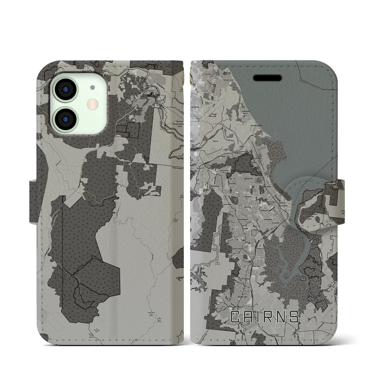 【ケアンズ(オーストラリア)】地図柄iPhoneケース(手帳タイプ)モノトーン・iPhone 12 mini 用