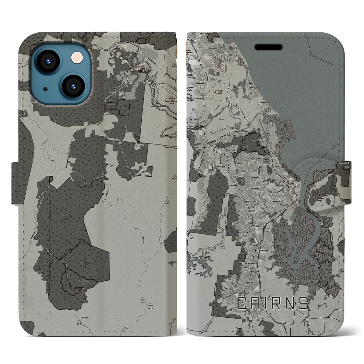 【ケアンズ(オーストラリア)】地図柄iPhoneケース(手帳タイプ)モノトーン・iPhone 13 用