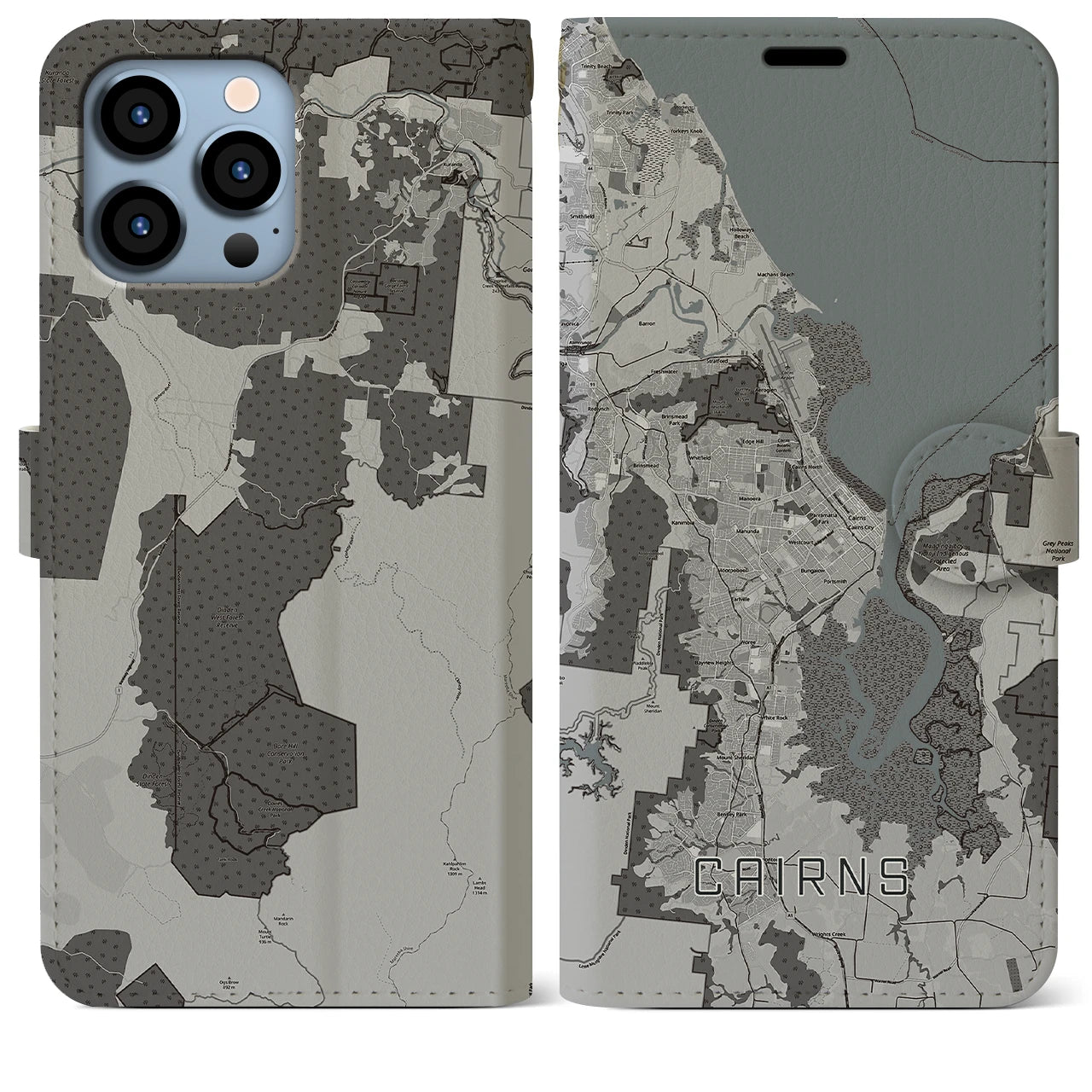 【ケアンズ(オーストラリア)】地図柄iPhoneケース(手帳タイプ)モノトーン・iPhone 13 Pro Max 用