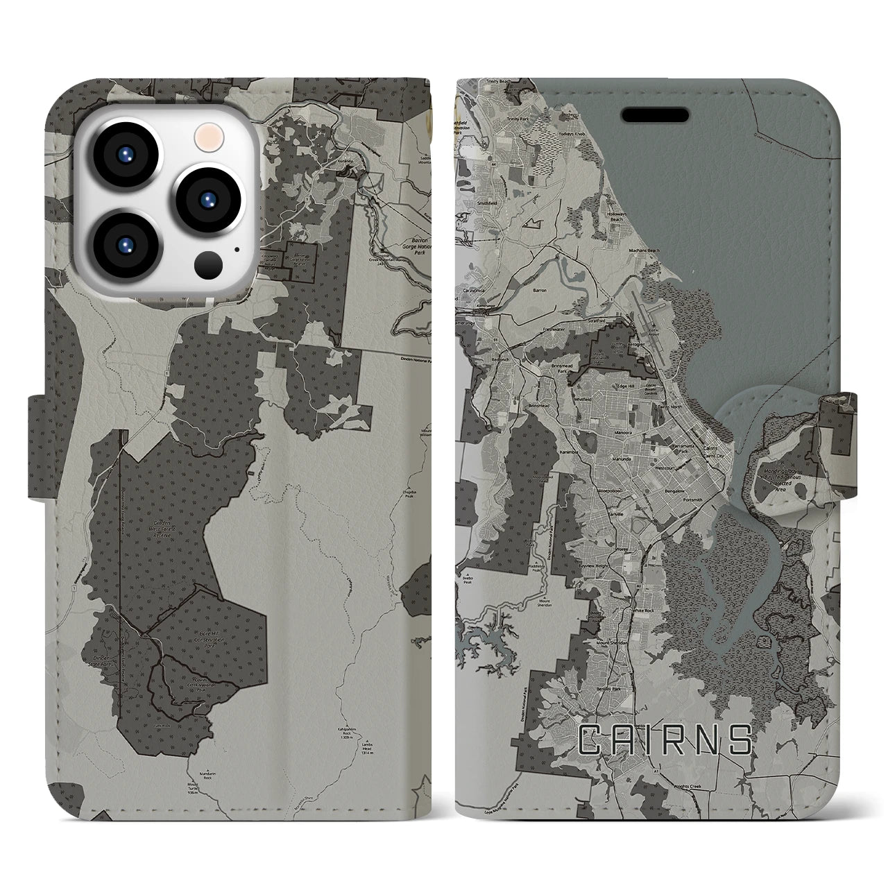 【ケアンズ(オーストラリア)】地図柄iPhoneケース(手帳タイプ)モノトーン・iPhone 13 Pro 用