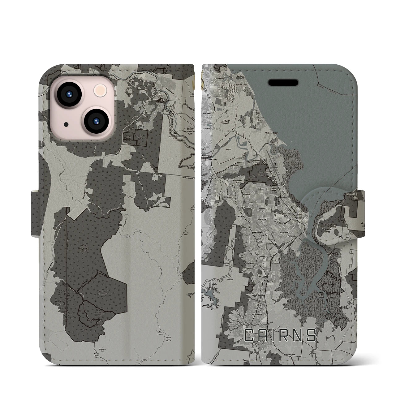【ケアンズ(オーストラリア)】地図柄iPhoneケース(手帳タイプ)モノトーン・iPhone 13 mini 用