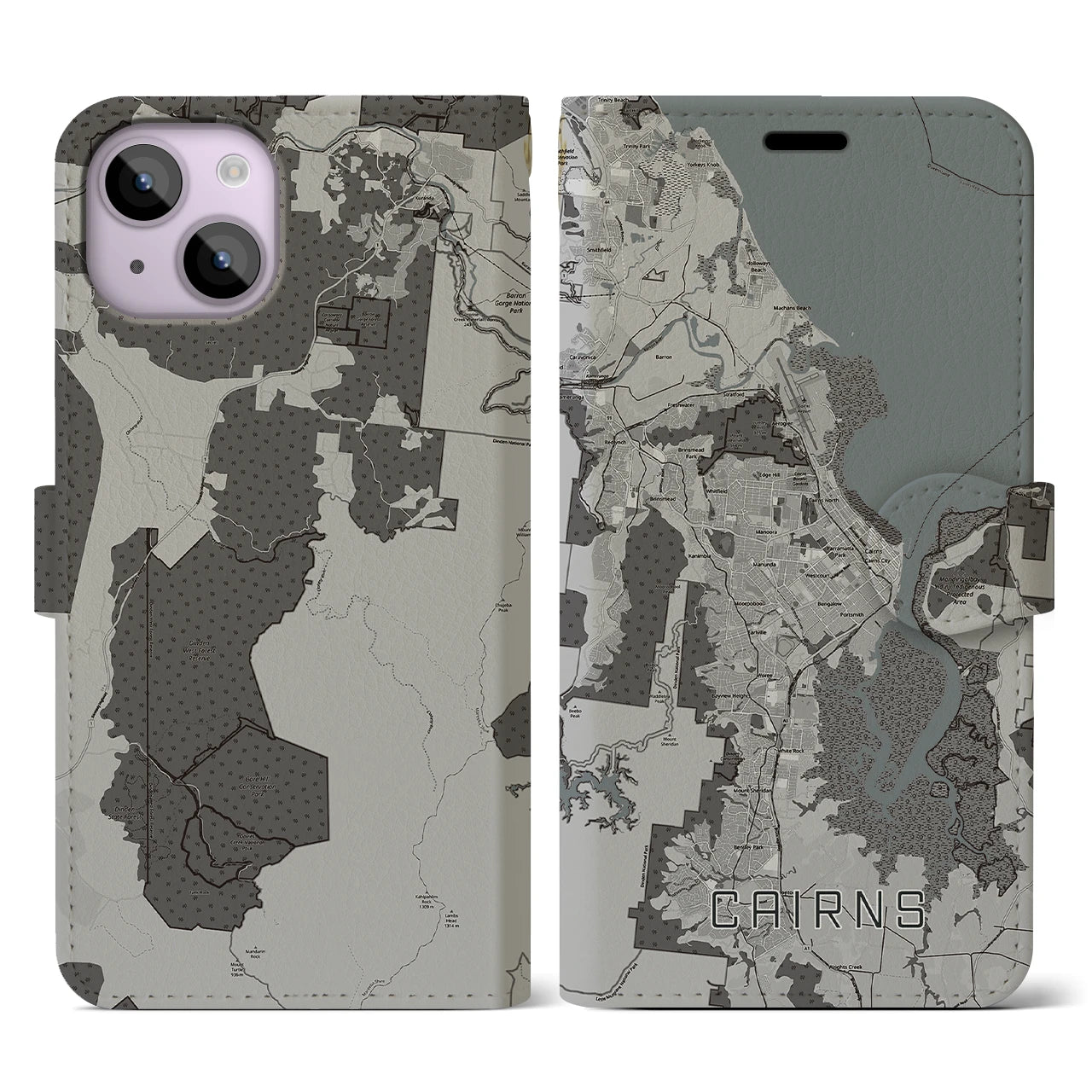【ケアンズ(オーストラリア)】地図柄iPhoneケース(手帳タイプ)モノトーン・iPhone 14 用