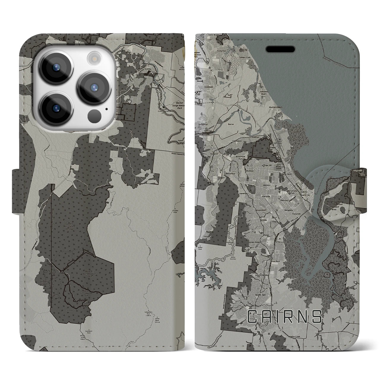 【ケアンズ(オーストラリア)】地図柄iPhoneケース(手帳タイプ)モノトーン・iPhone 14 Pro 用