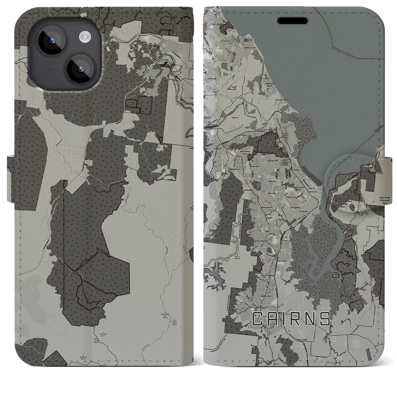 【ケアンズ(オーストラリア)】地図柄iPhoneケース(手帳タイプ)モノトーン・iPhone 14 Plus 用