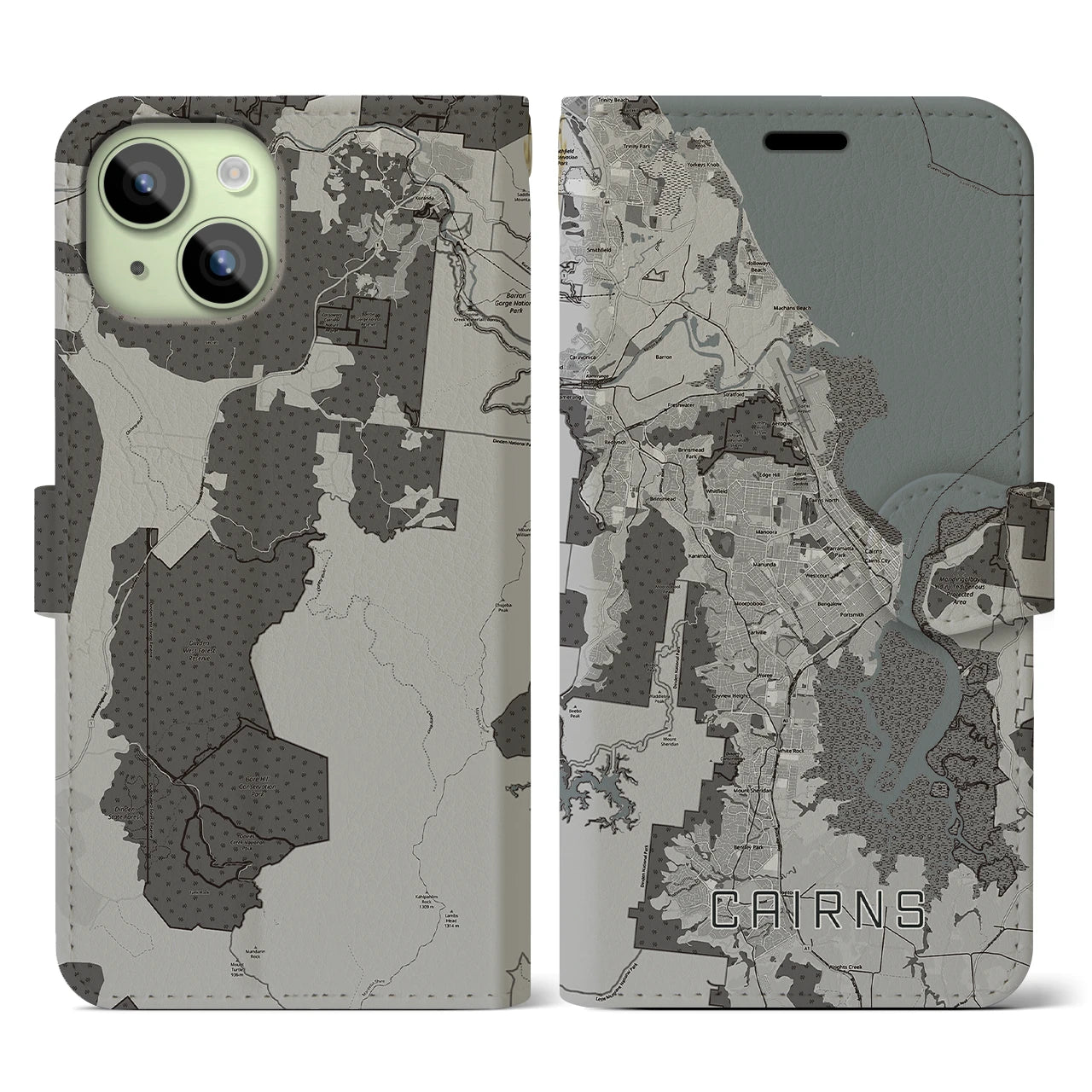 【ケアンズ(オーストラリア)】地図柄iPhoneケース(手帳タイプ)モノトーン・iPhone 15 用